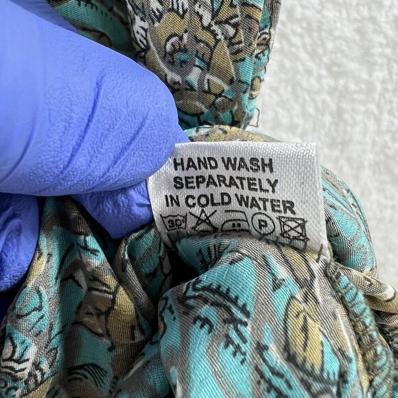 Luck Star Ibiza 100% Silk High Low Button Up Midi Dress Ruffled Hem Unique Print - Picture 14 of 16